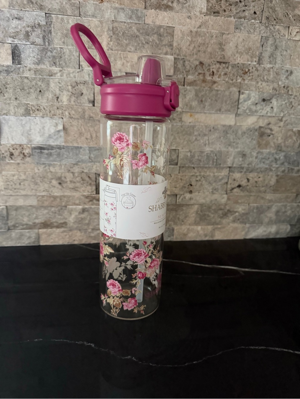 Shabby Chic Dark Pink Cap Floral Glass Water Bottle
